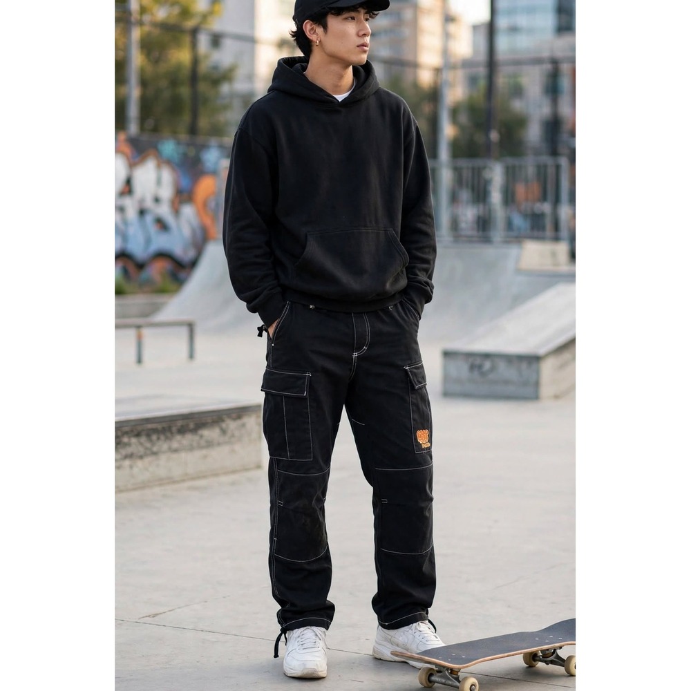 Empyre Mens 30 Straight Cargo Pants Black Contrast Stitch Skate Streetwear
